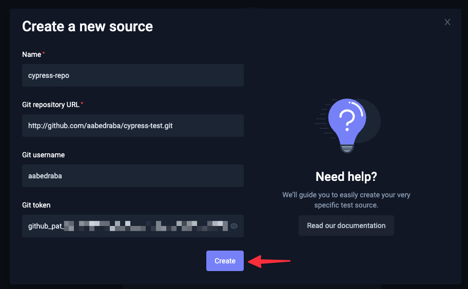 Dashboard Create Test Source Form