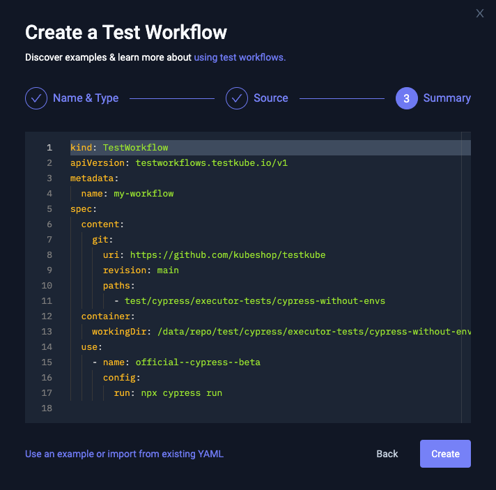 create test workflow from wizard - summary step