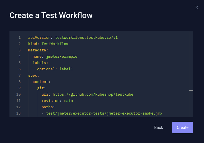 create test workflow from yaml