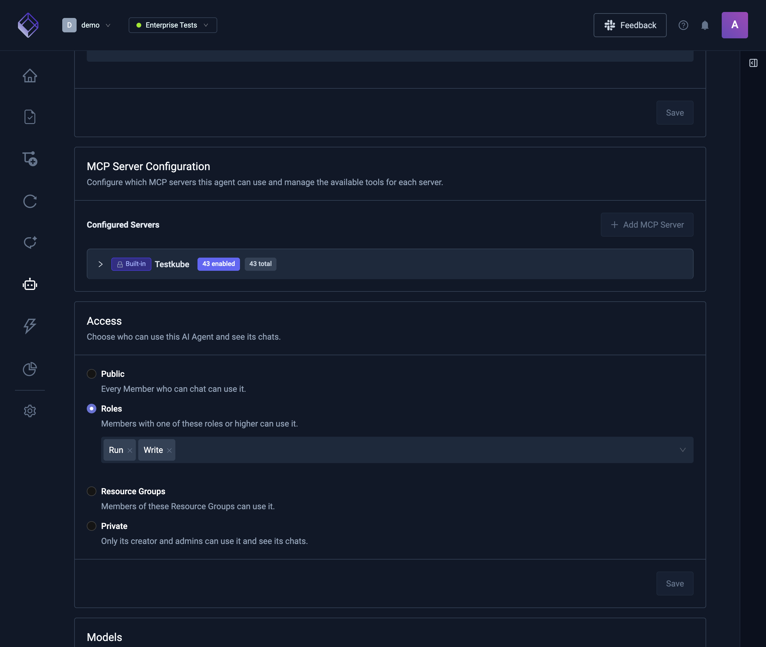 The Access card on an AI Agent, open to the Run and Write roles