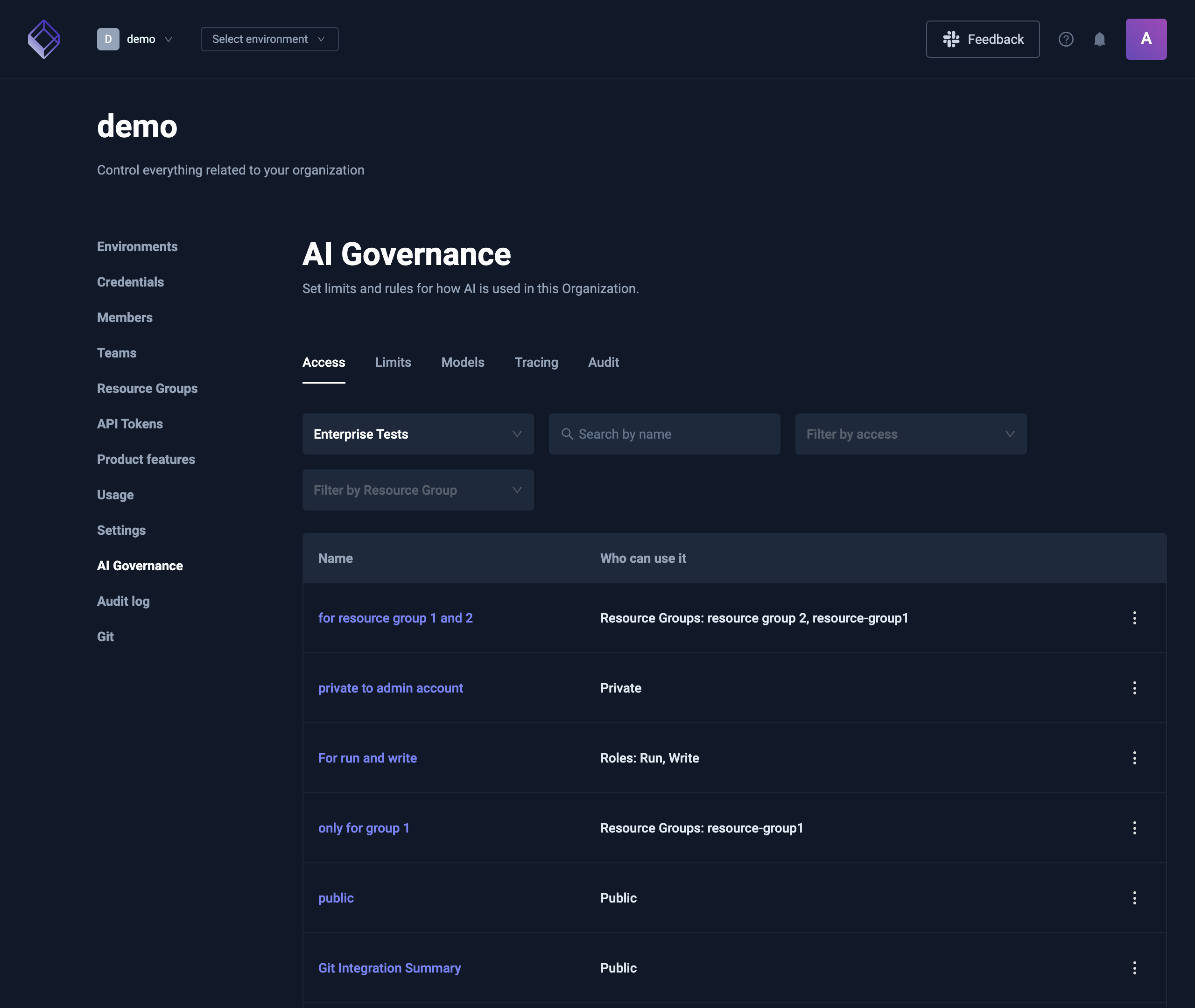AI Governance page on the Access tab