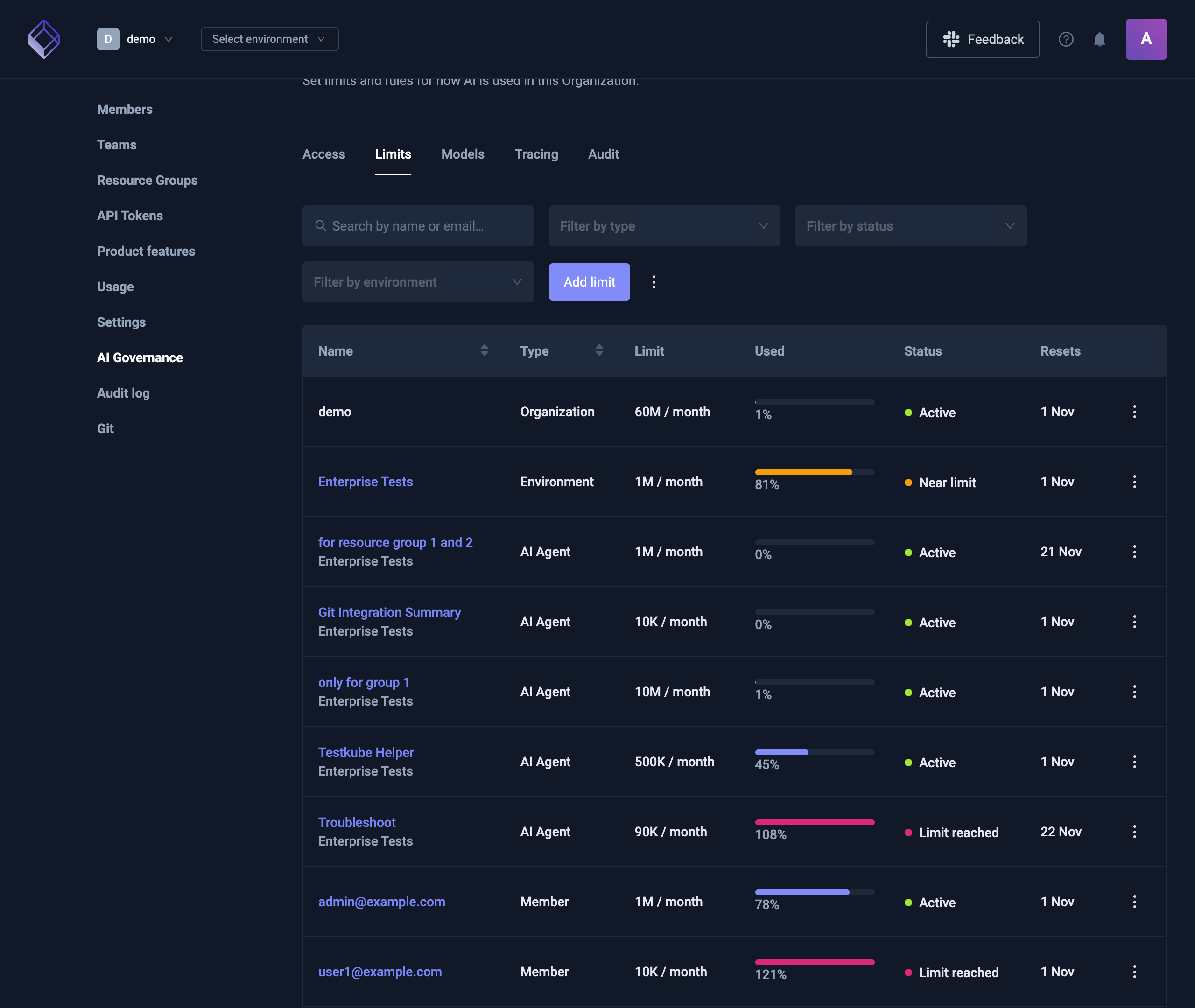 AI Governance Limits tab