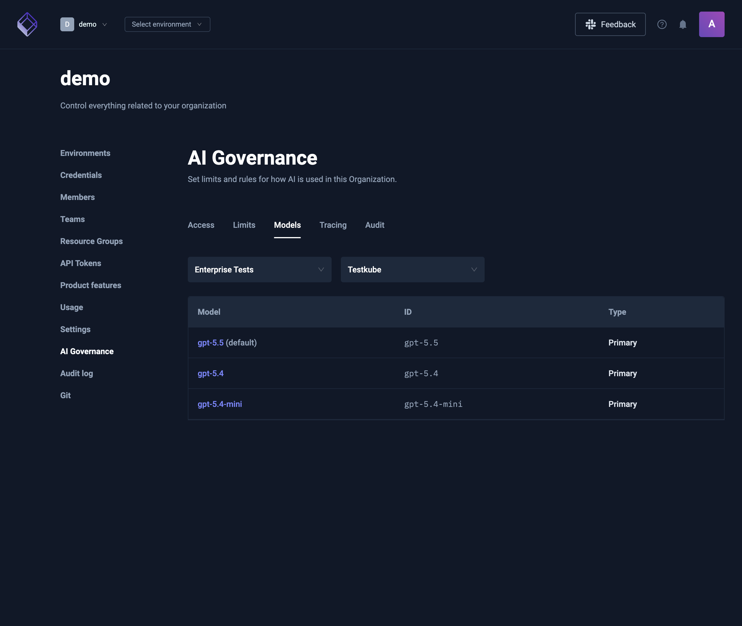 AI Governance Models tab