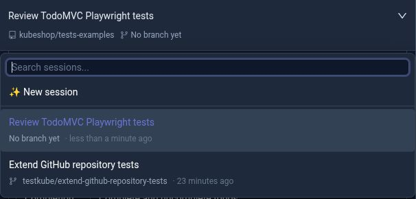 Session selector showing two TodoMVC chats, their branch information, Search sessions, and New session