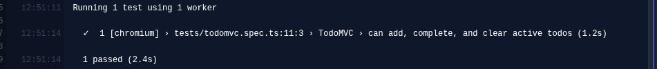 Execution log showing the TodoMVC test passing in Chromium