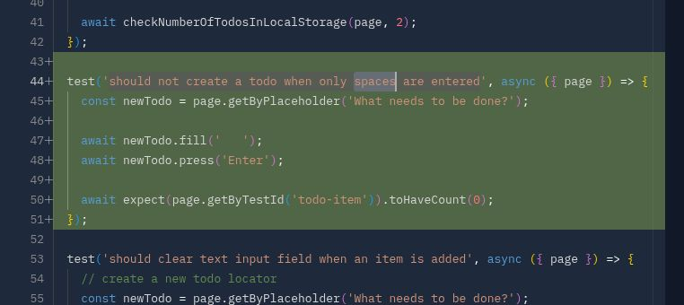 Added whitespace-only TodoMVC test highlighted in the diff viewer