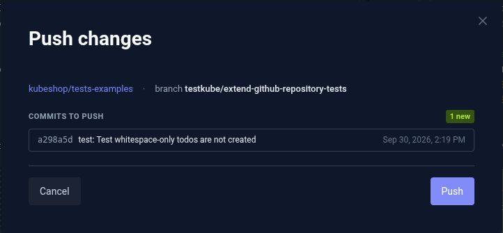 Push changes dialog showing the repository, chat branch, and commit ready to push