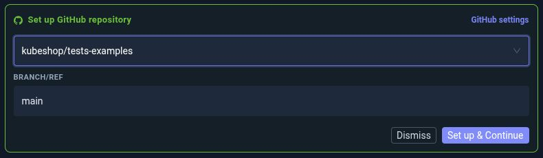 GitHub repository picker with the public tests-examples repository and main branch selected