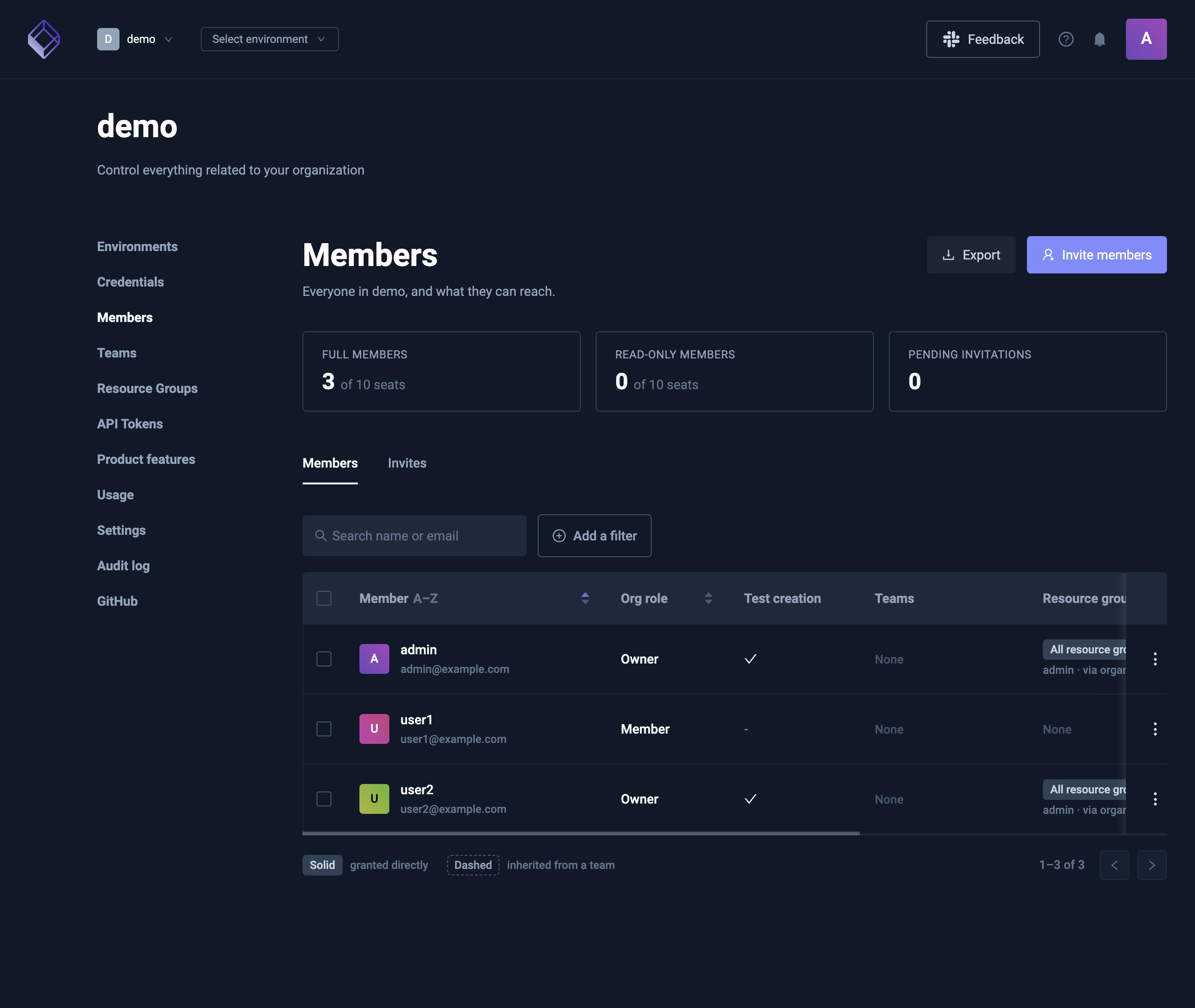 Members table with the Test creation column