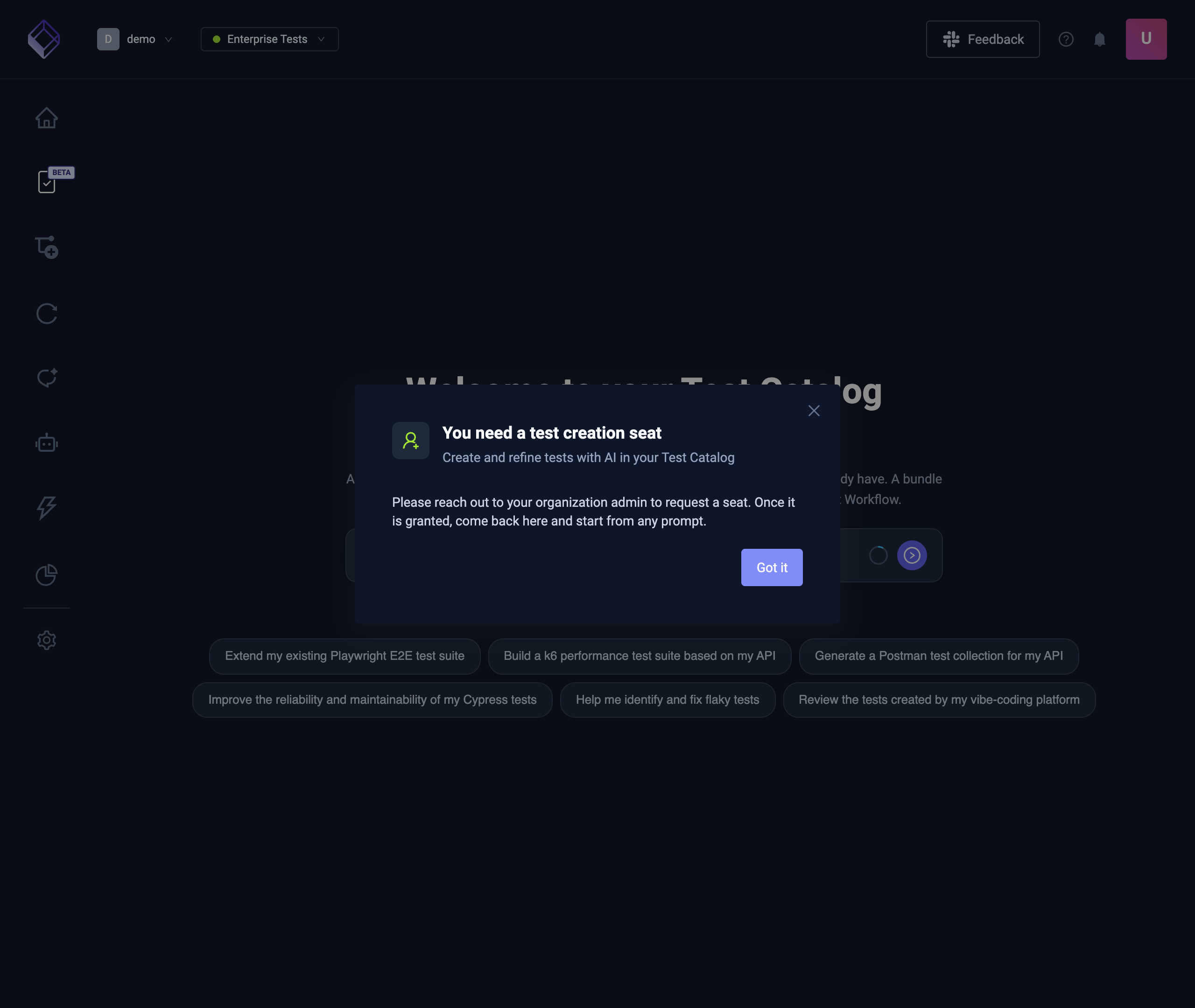 Dialog asking for a test creation seat