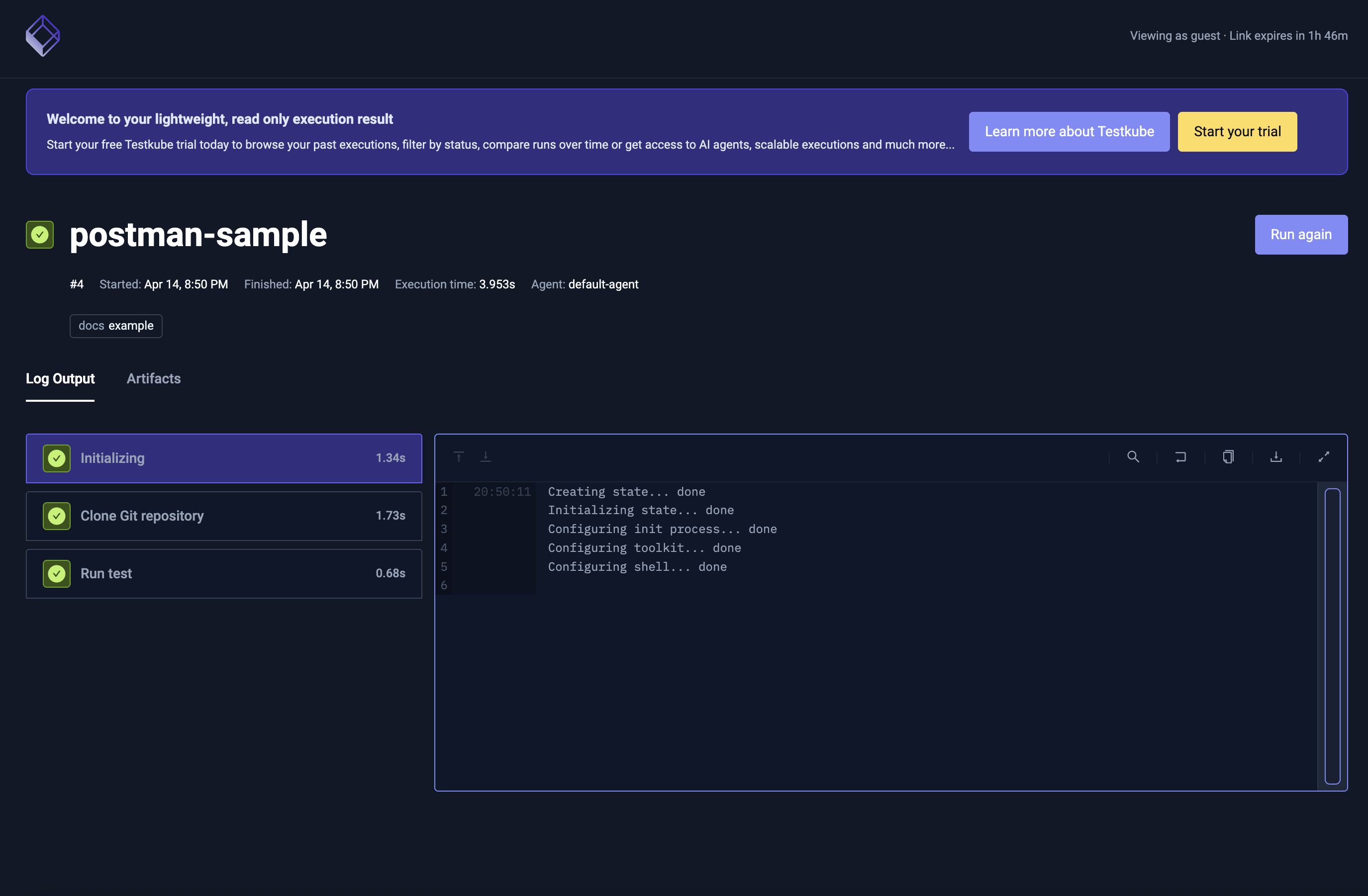 Terminal output showing the generated view.testkube.io link after running testkube view
