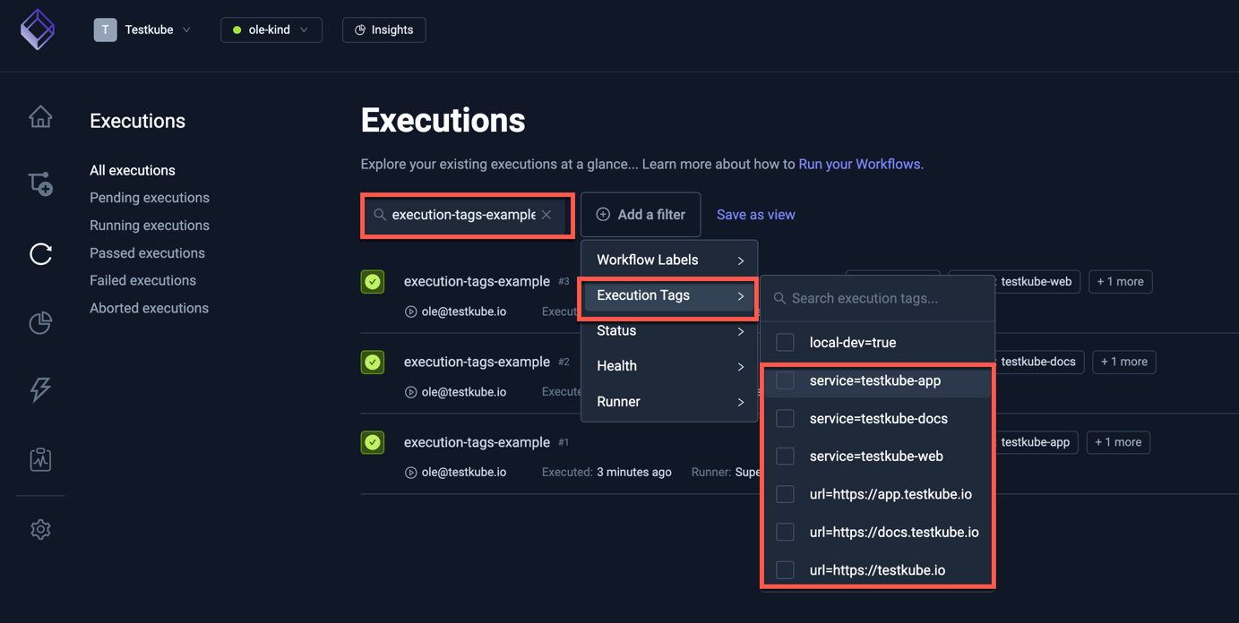 Filtering Test Workflow Executions by Tags