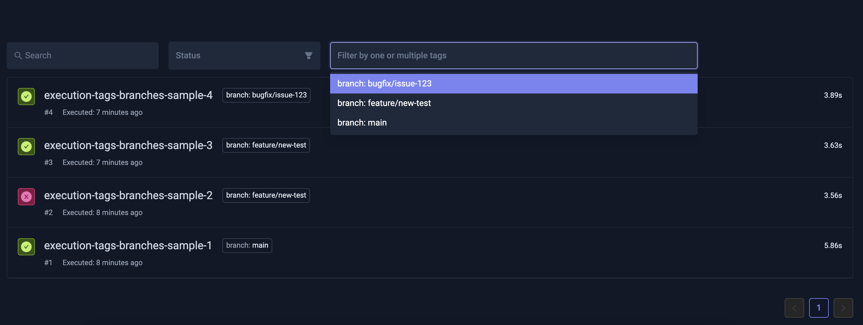 Filtering Test Workflow Executions by Branches Tags